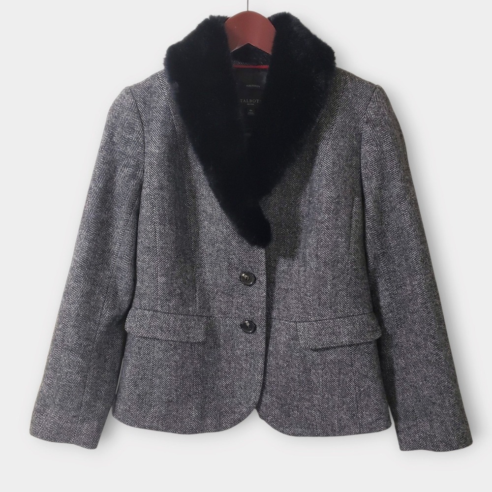 Talbots Petites Aberdeen Herringbone Shetland Wool Blazer Faux Fur Collar 6P